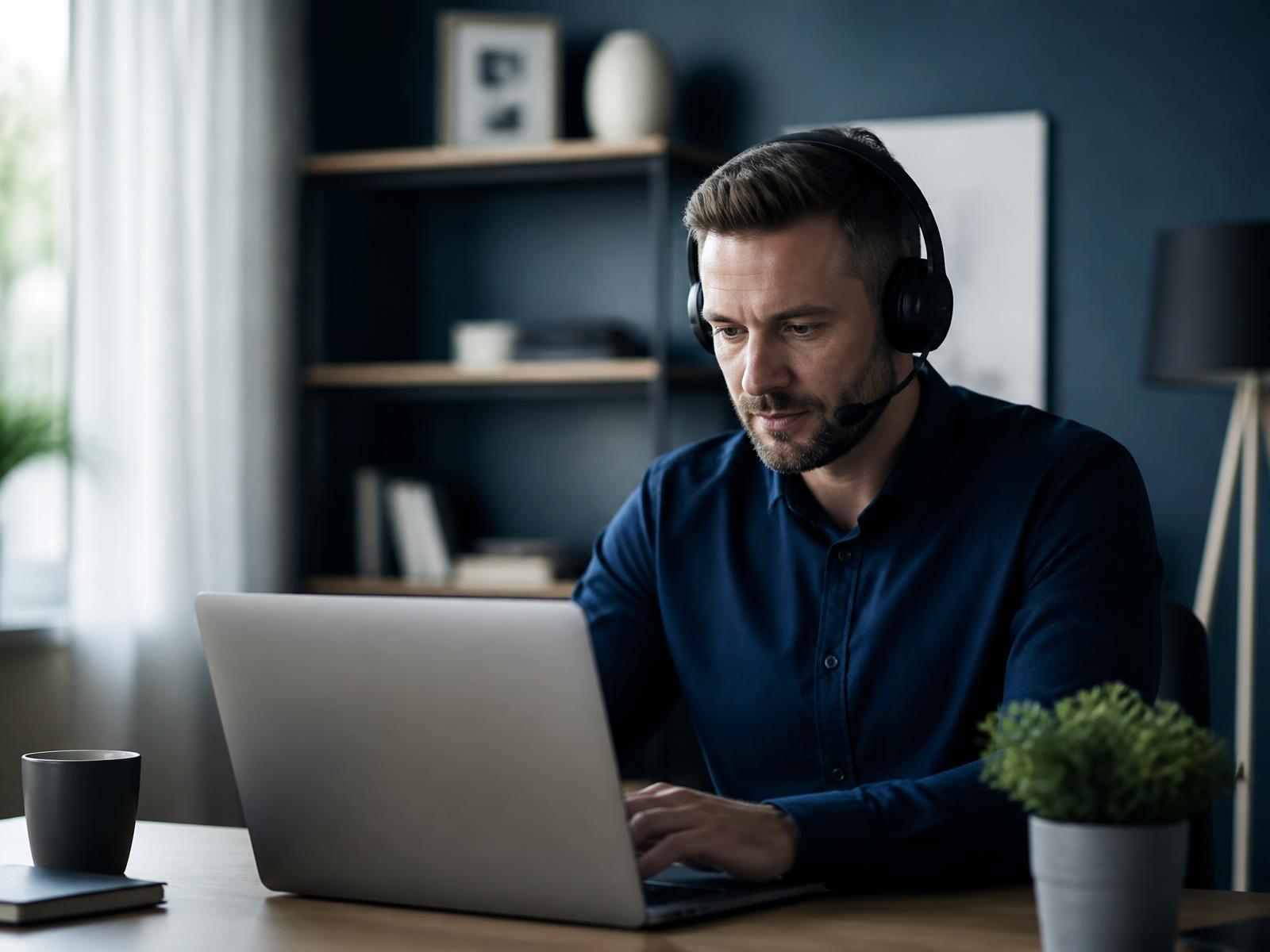 Remote professional working at a home office desk with a laptop and headset